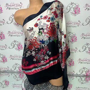 Bebe silk one shoulder bat wing scarf sleeved top shiny metallic multicolor